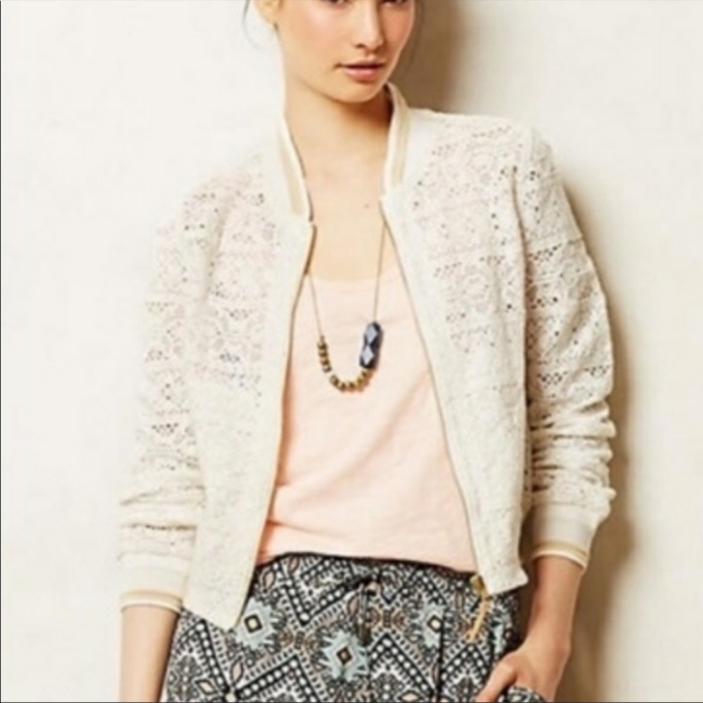 Anthropologie Hei Hei Cleo Lace Bomber Jacket Zip Up Ivory Cream Gold M Medium